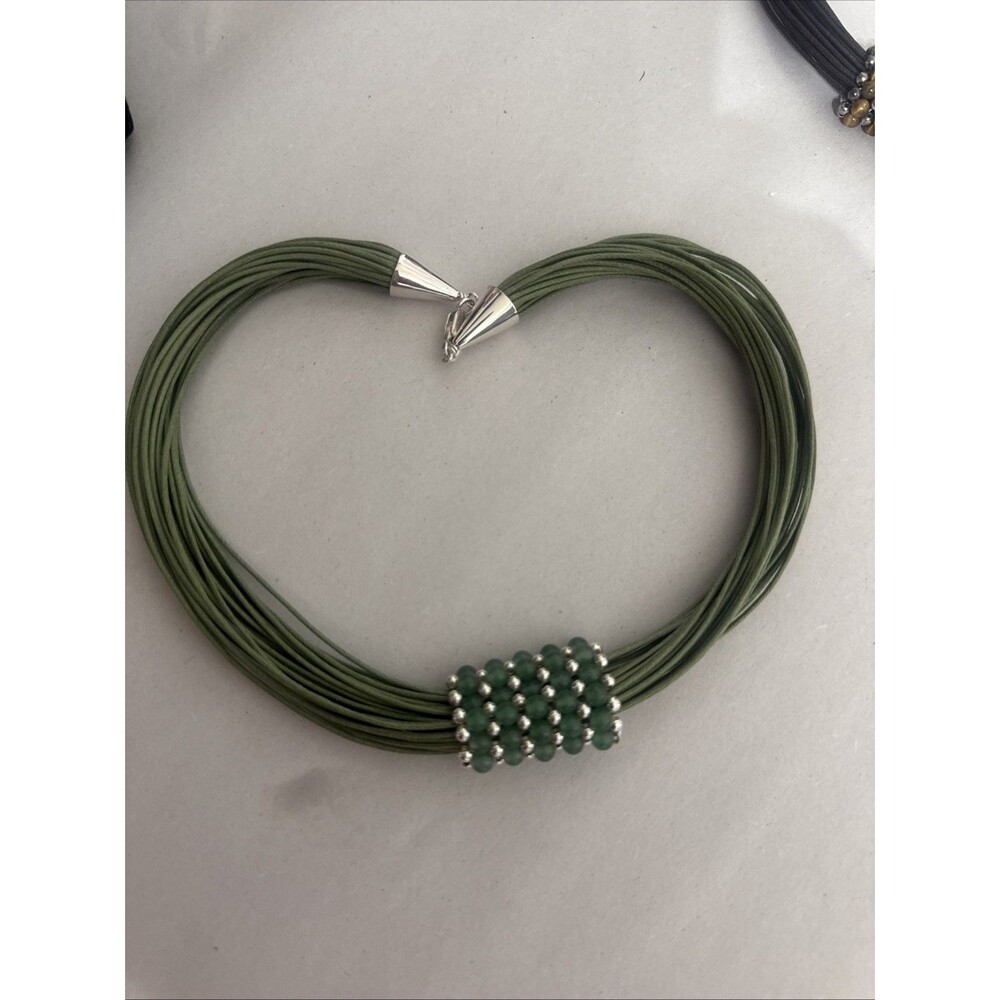 QVC Aventurine bead slide pendant Multi strand leather sterling silver Necklace